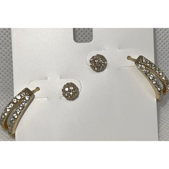 Gold Tone Crystal Earrings (2pc Set) Stunning Chic Fashion Trendy Stylish NWT - Picture 3 of 13